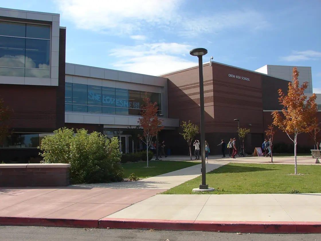 The front entrance of Orem High School, one of four high schools in the new Timpanogos School District