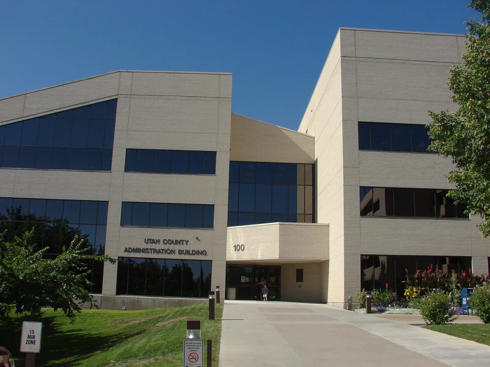 The south side of the Utah County Administration Building in Provo, with its walkway and entrance