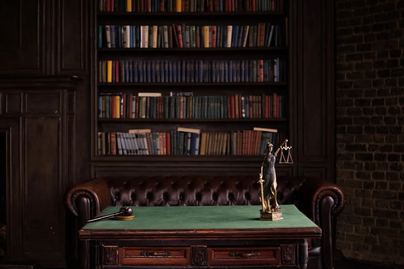 A brass scales-of-justice figure on a desk in a wood-paneled room lined with law books