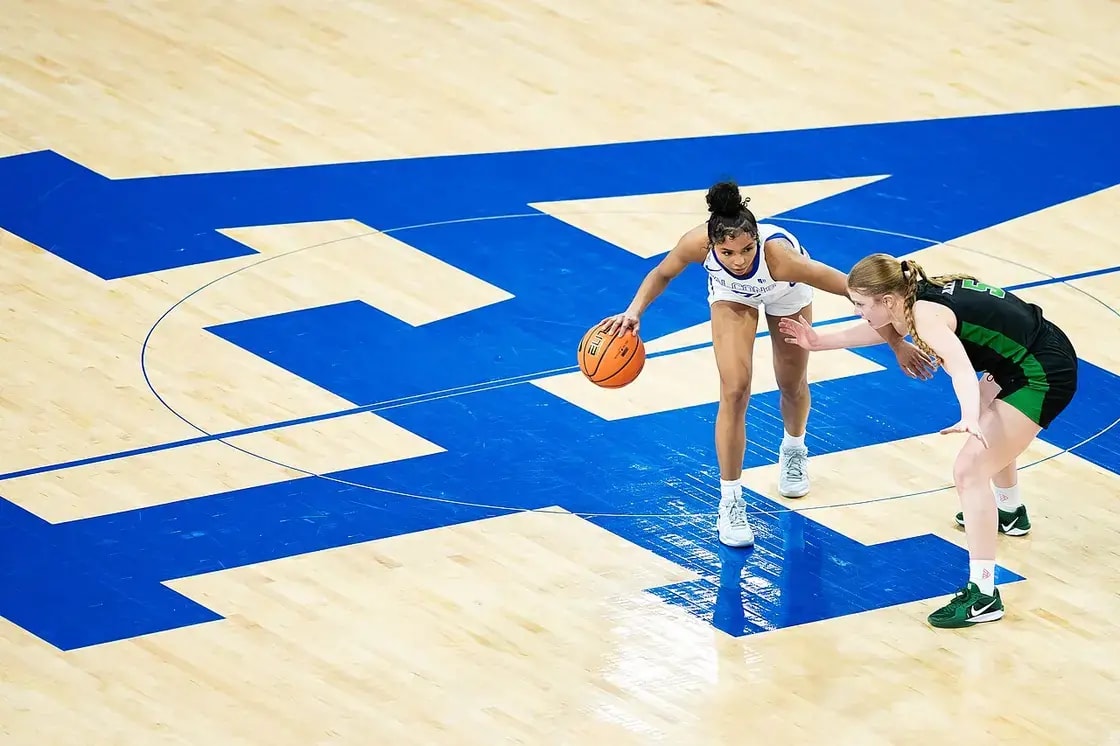 Utah Valley Wolverines women's basketball players in action during a 2025 postseason game