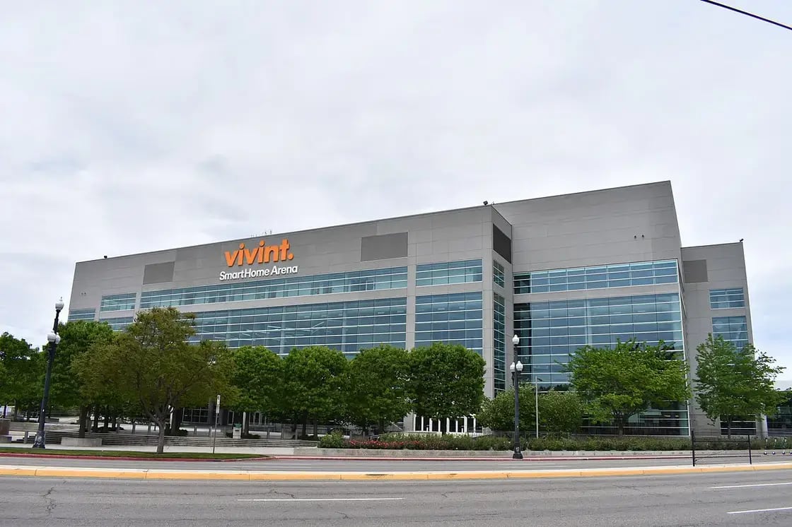 The Vivint Smart Home Arena signage in Salt Lake City — the Utah Jazz's home carried the Provo company's name from 2015 to 2023