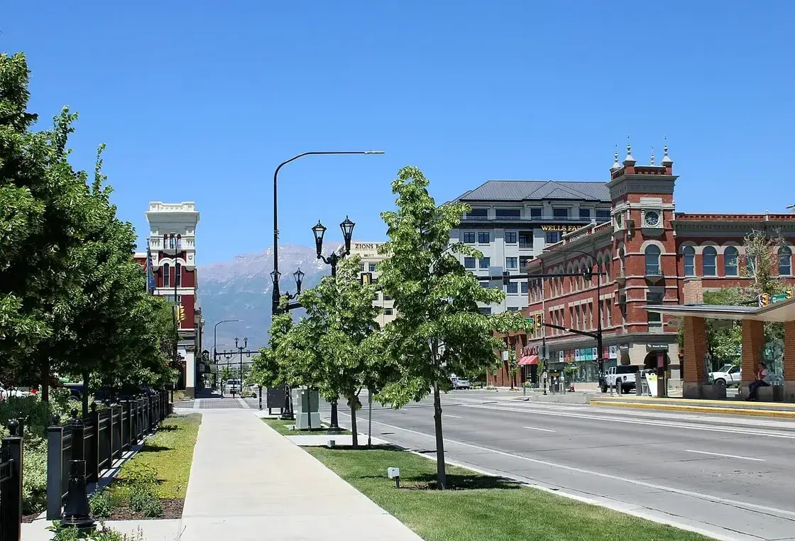 Downtown Provo, Utah, with the Wasatch Mountains rising behind the city
