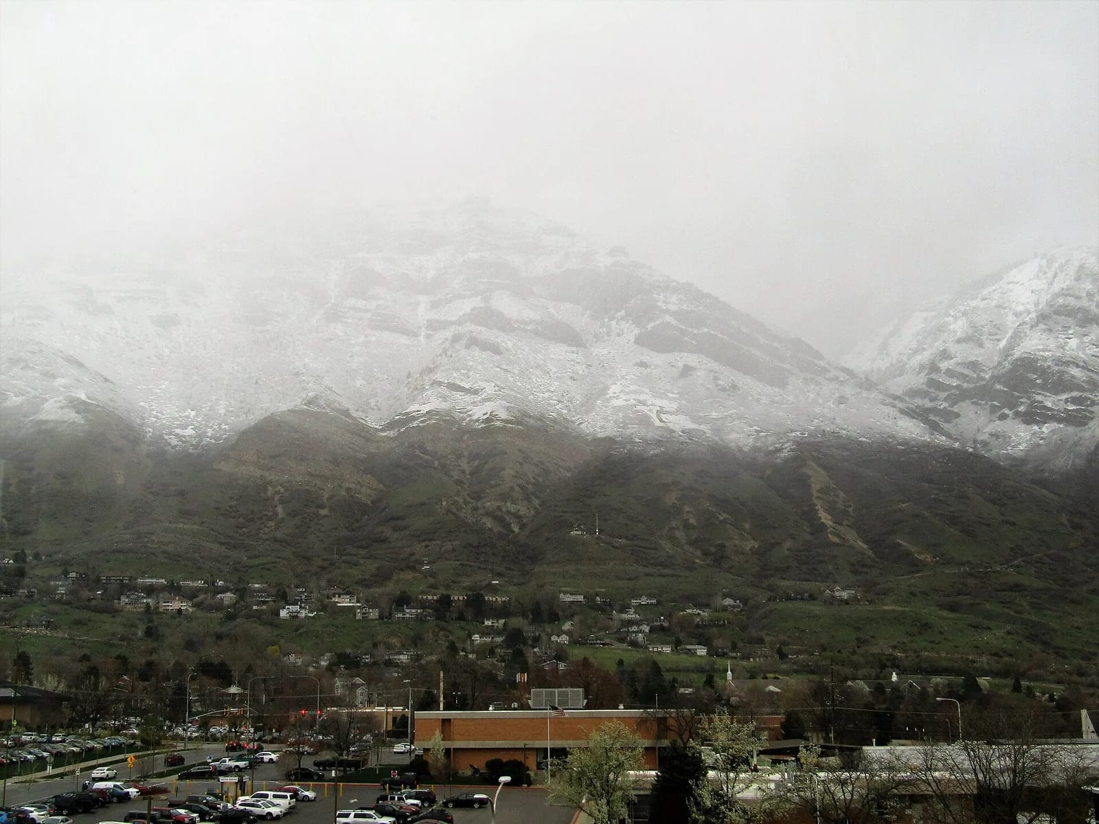 Y Mountain above Provo under low cloud after an April snowfall