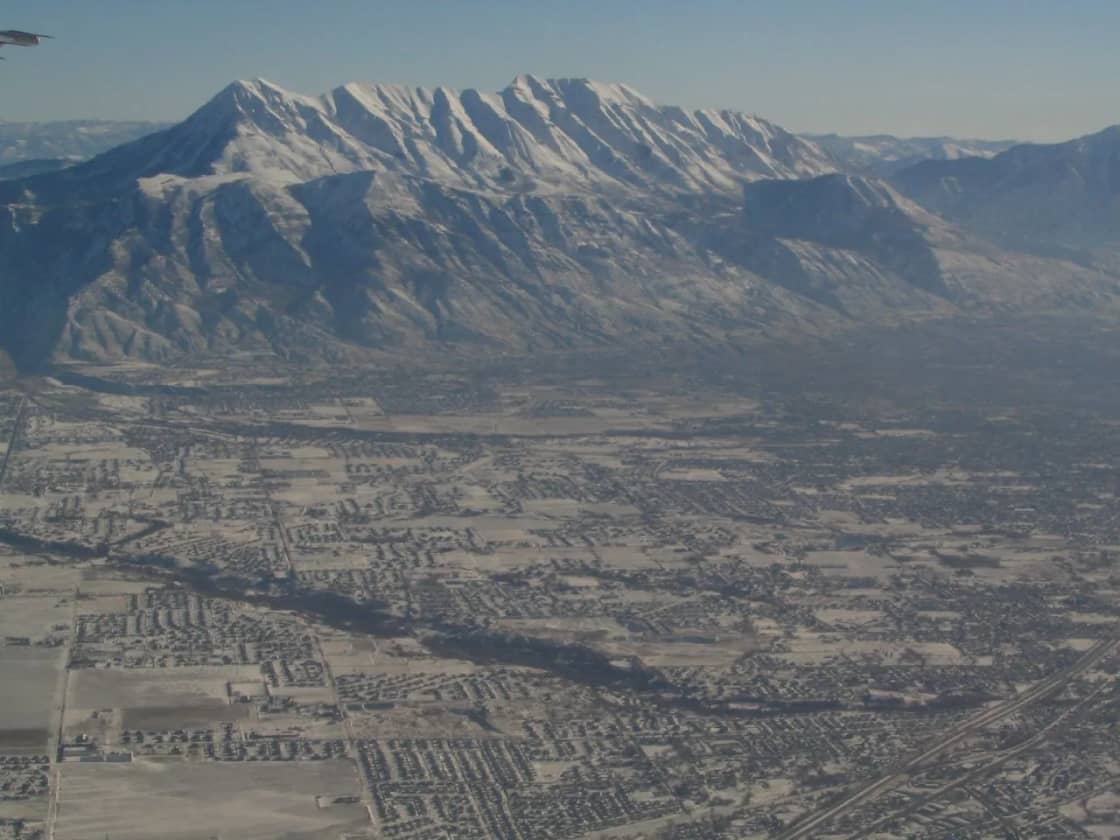 Mount Timpanogos rising in snow above Utah Valley, the peak the Alpine Loop circles