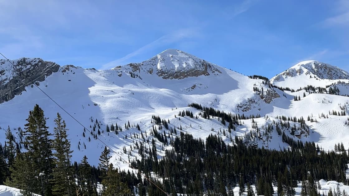 Sugarloaf Mountain and the snow-covered ridges above Alta Ski Area under a deep blue sky, with a chairlift line crossing the view and evergreens on the slopes below
