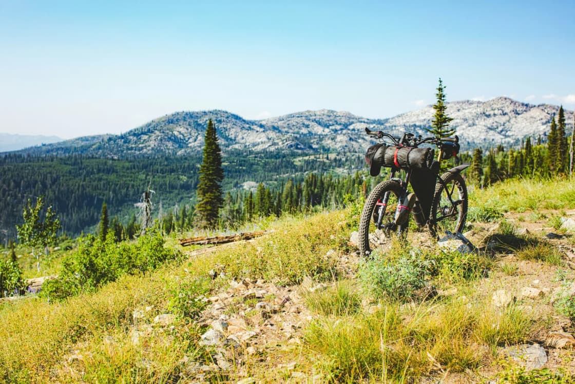 A mountain bike loaded with frame and handlebar bags parked on a grassy ridge among pines, with rocky peaks and forested valleys behind