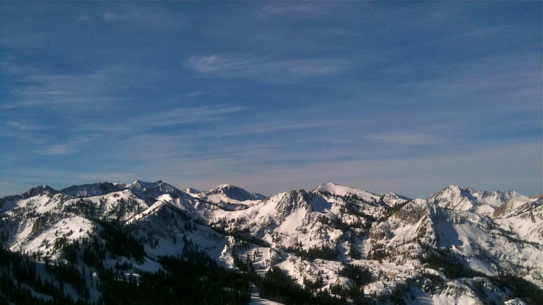 Snow-covered peaks and ridges at the top of Big Cottonwood Canyon under a deep blue sky, seen from high on the mountain in the Brighton area, with dark evergreen forest below
