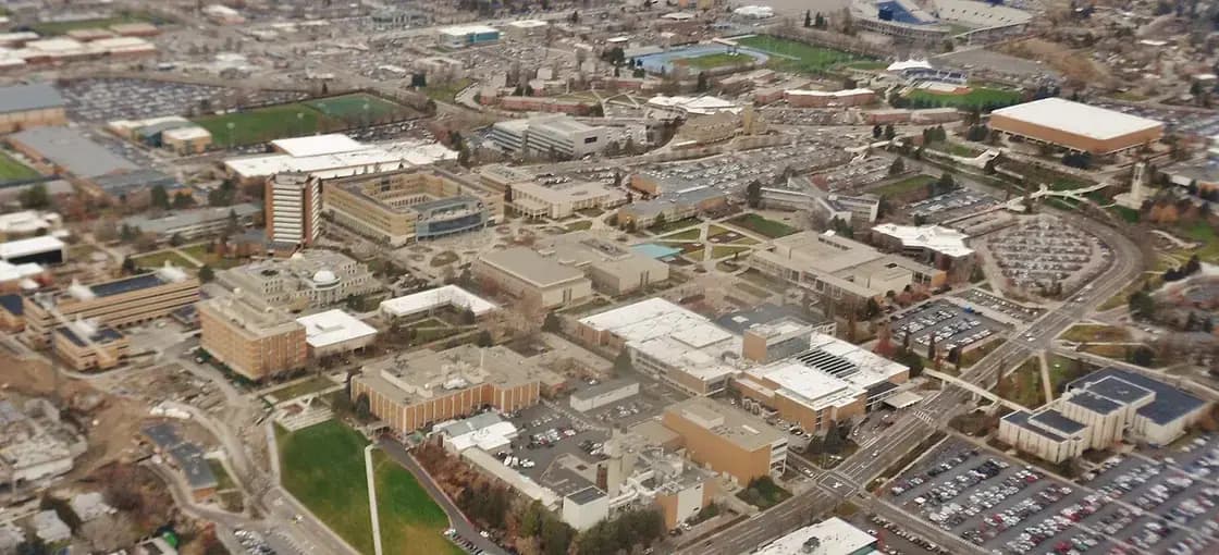 Aerial view of the Brigham Young University campus and surrounding Provo neighborhoods in winter