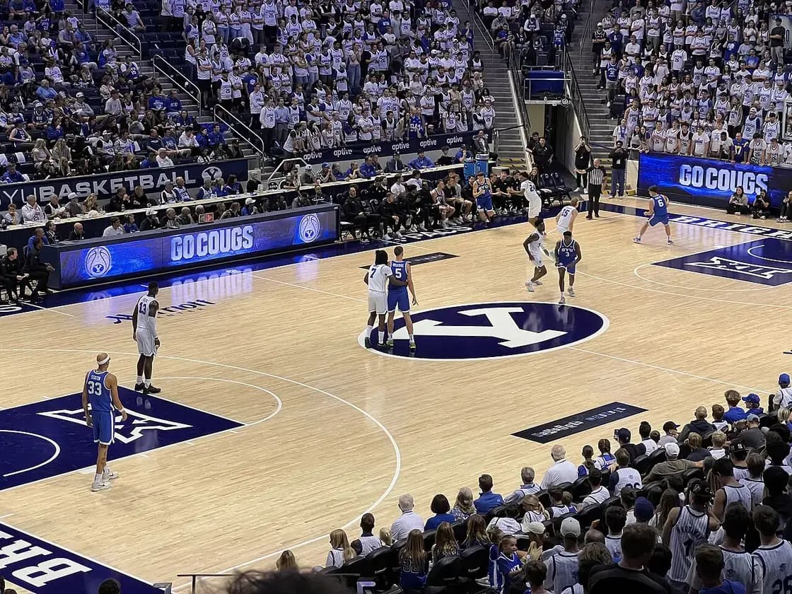 Fans inside the Marriott Center for a BYU Cougars basketball event in Provo, Utah
