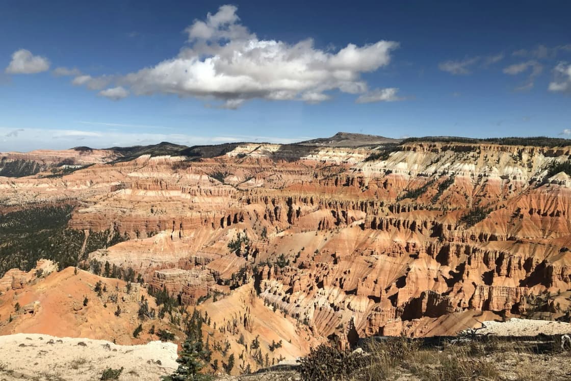 The orange, white and red eroded amphitheater of Cedar Breaks National Monument seen from the rim under a big summer sky.