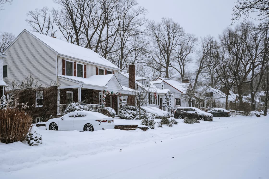 A snow-covered residential street with snow piled on parked cars and bare trees under an overcast sky