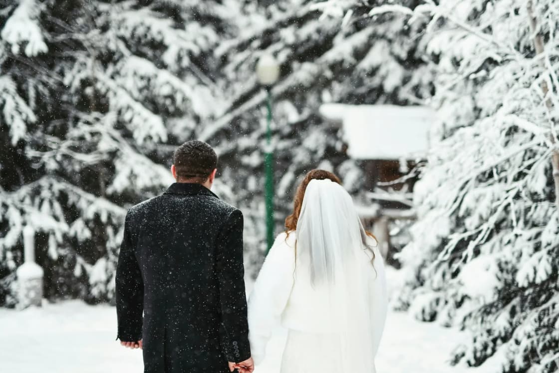 A bride in a long veil and a groom in a dark overcoat walk hand in hand down a snowy path between heavily frosted evergreens.