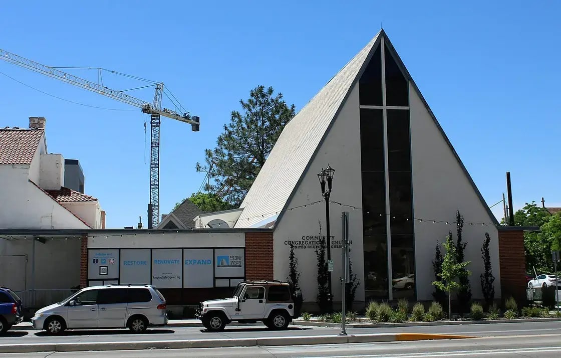 The historic Provo Community Congregational Church building in downtown Provo