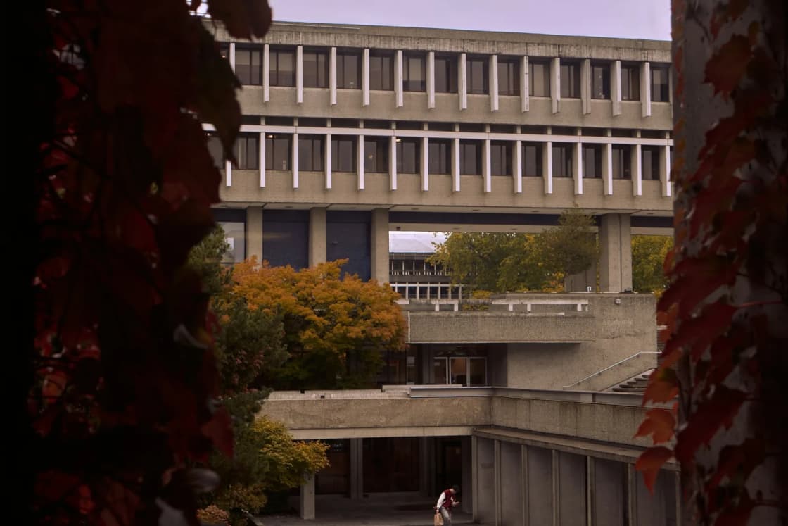 A concrete university building framed by red autumn ivy and a gold maple, a lone student crossing the courtyard below