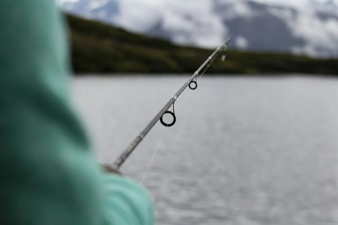 An angler's spinning rod held out over gray lake water, line trailing toward a green shoreline under low clouds