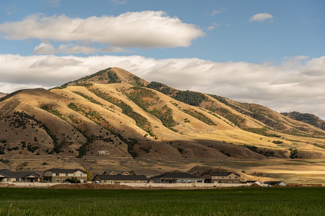 A dry golden mountain rising above a row of new houses at its base, with a green irrigated field in the foreground and a painted letter on the hillside