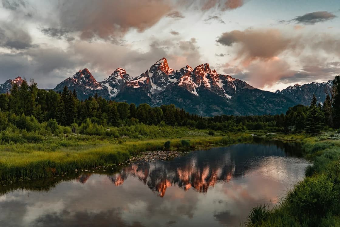 The jagged Teton Range glowing pink at sunrise above a still beaver pond that mirrors the peaks, with pines along the bank.