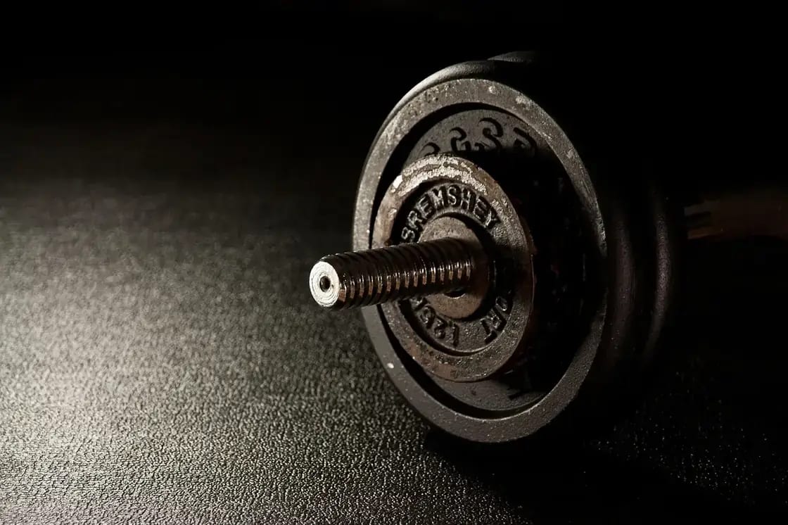 A weight plate loaded on the end of a barbell