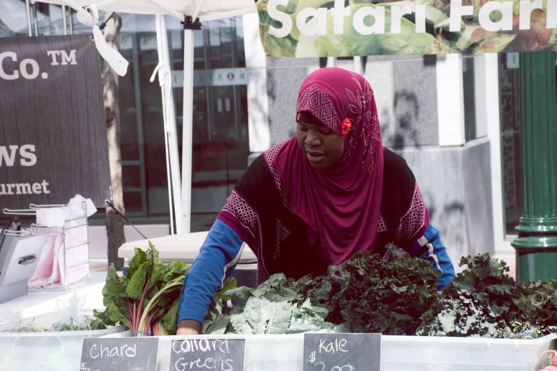 A vendor arranging chard, collard greens and kale at a farmers market stall