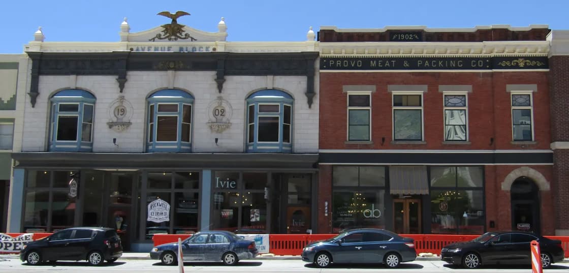 A row of two-story brick commercial buildings on Provo's Center Street, built in 1902