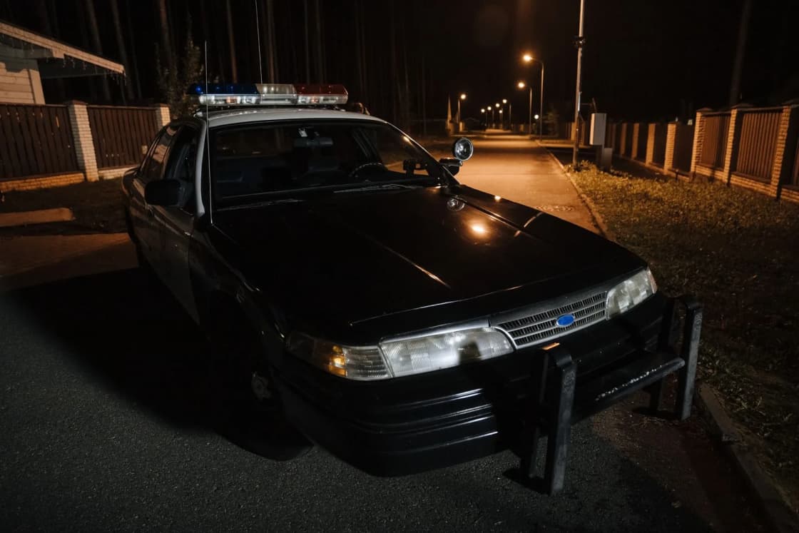 An older police sedan with a red and blue light bar and a front push bar, parked on an unlit street at night