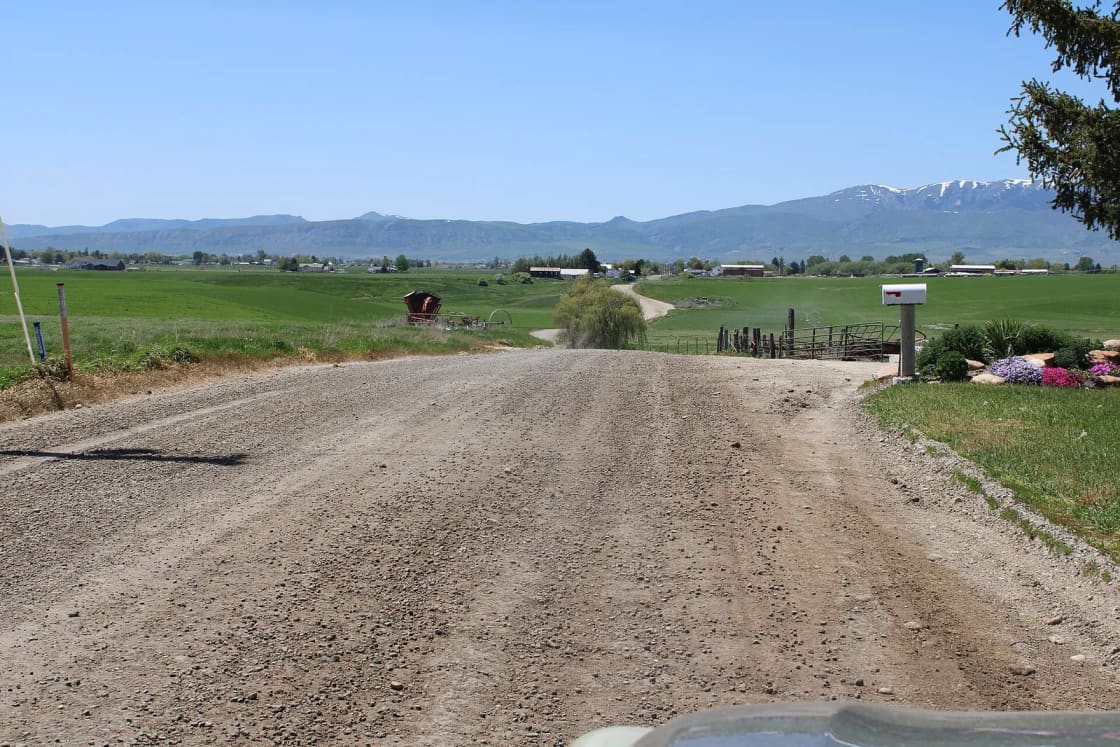 A gravel road leading past a mailbox and green farm fields toward snow-capped mountains near Preston, Idaho.