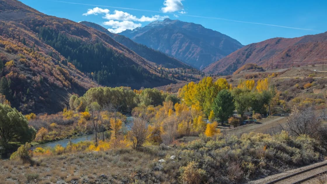 The Provo River winding through Provo Canyon below Cascade Mountain in autumn