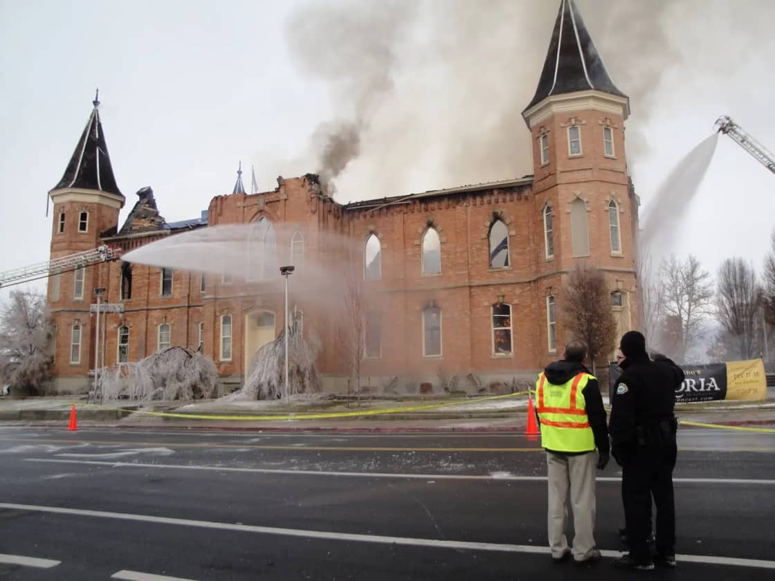 The burned-out shell of the historic Provo Tabernacle after the December 2010 fire, its roof gone and windows empty