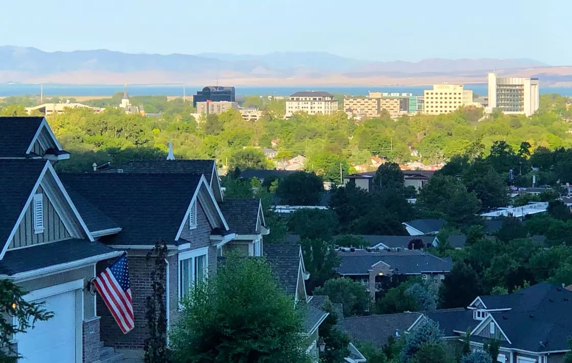 Downtown Provo, Utah, seen from above — Nu Skin, the Provo Marriott, Wells Fargo and Zions Bank buildings visible