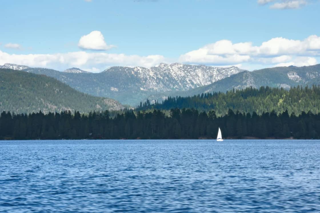 A single white sail far out on a wide blue lake, with a dark band of forest and snow-streaked mountains along the far shore