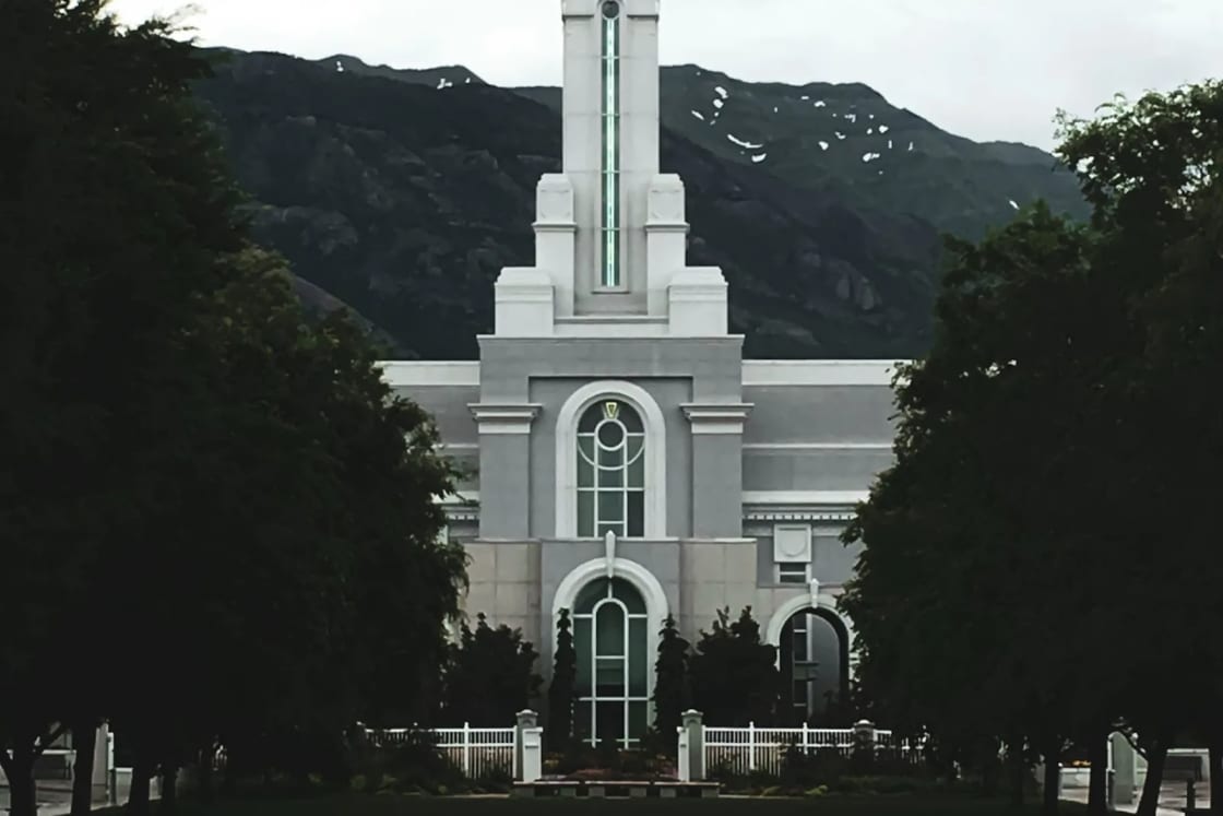 The white granite Mount Timpanogos Utah Temple in American Fork seen down a tree-lined walk, with its tall spire and the Wasatch foothills behind.