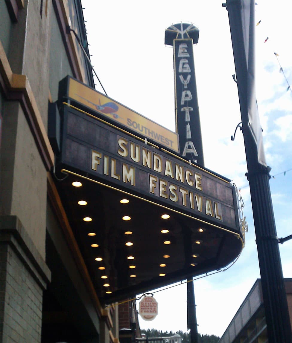 The Egyptian Theatre marquee in Park City lit and lettered for the Sundance Film Festival