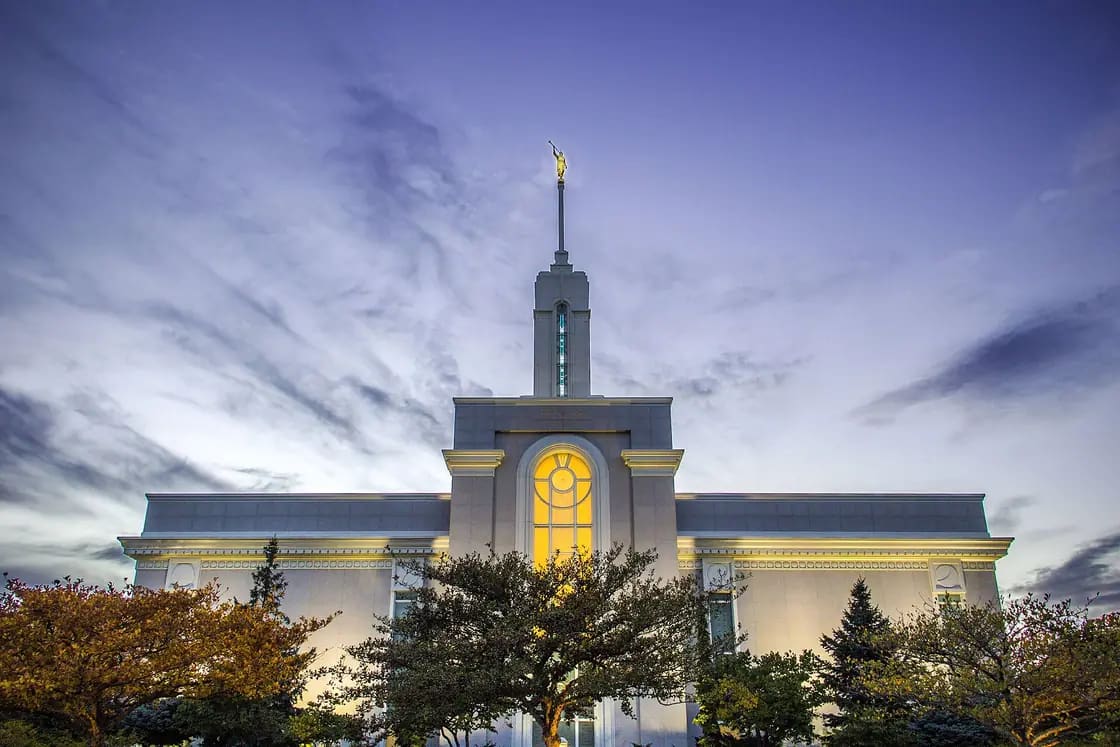 The Mount Timpanogos Utah Temple in American Fork, Utah, with the Wasatch Mountains behind it