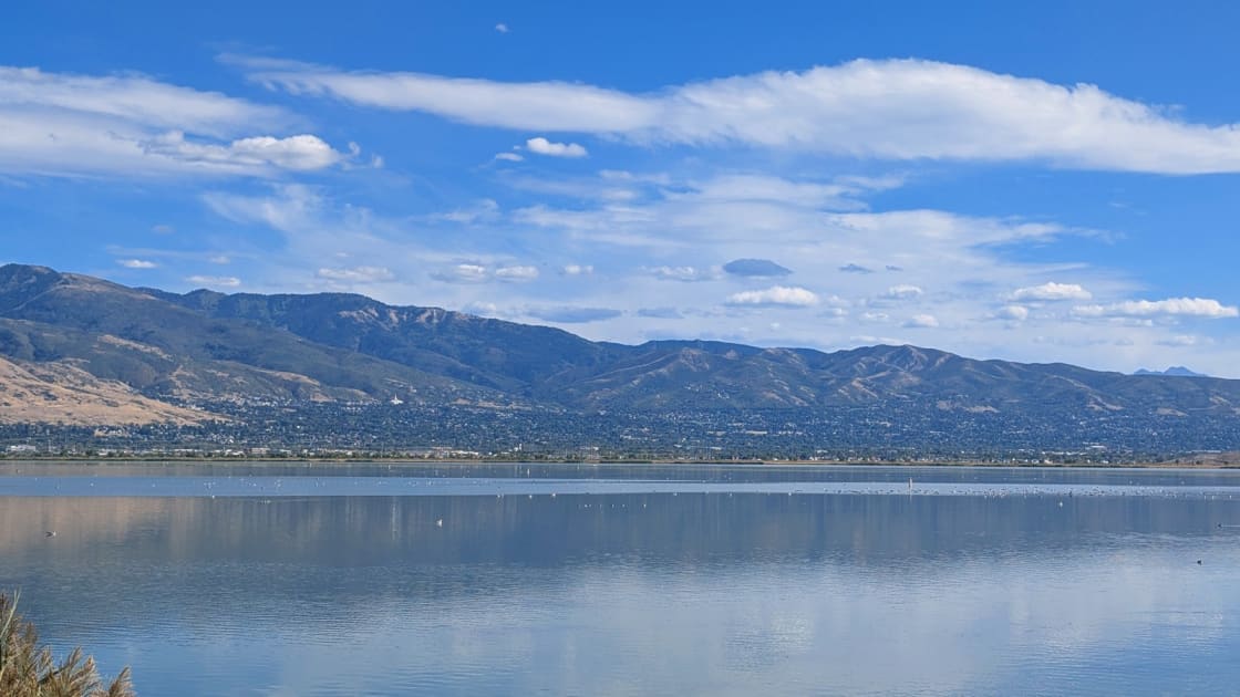 Calm water on Farmington Bay dotted with waterbirds and reflecting the sky, with Bountiful spread along the foot of brown and green Wasatch foothills under long white clouds