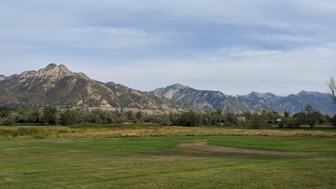 A wide lawn at Big Cottonwood Regional Park's Holladay Lions area, with a strip of tall golden grass, a line of trees and a distant ballfield backstop, and rugged Wasatch peaks rising behind under a pale sky