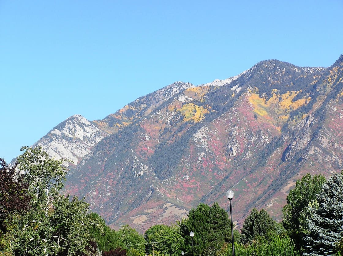 The Wasatch Mountains above Sandy in early fall, with red and gold patches of changing leaves on the slopes under a clear blue sky, and neighborhood trees and a streetlamp in the foreground