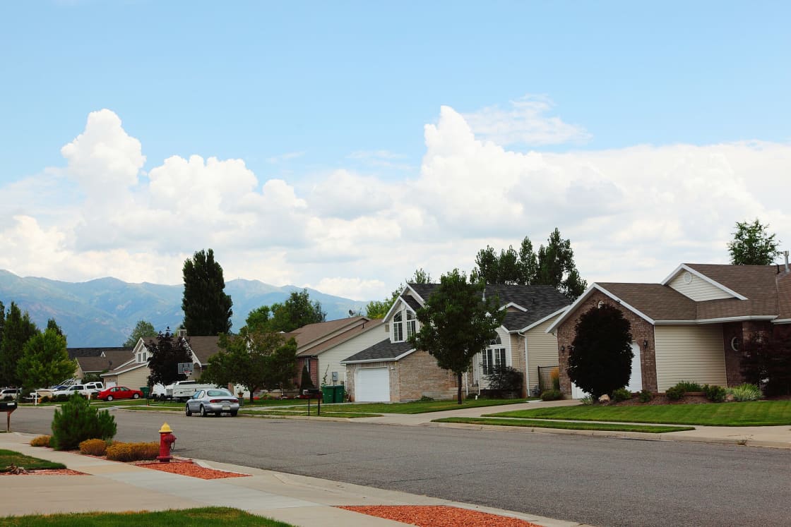 A suburban Utah street of single-family homes with attached garages, a fire hydrant at the curb and the Wasatch Range rising behind