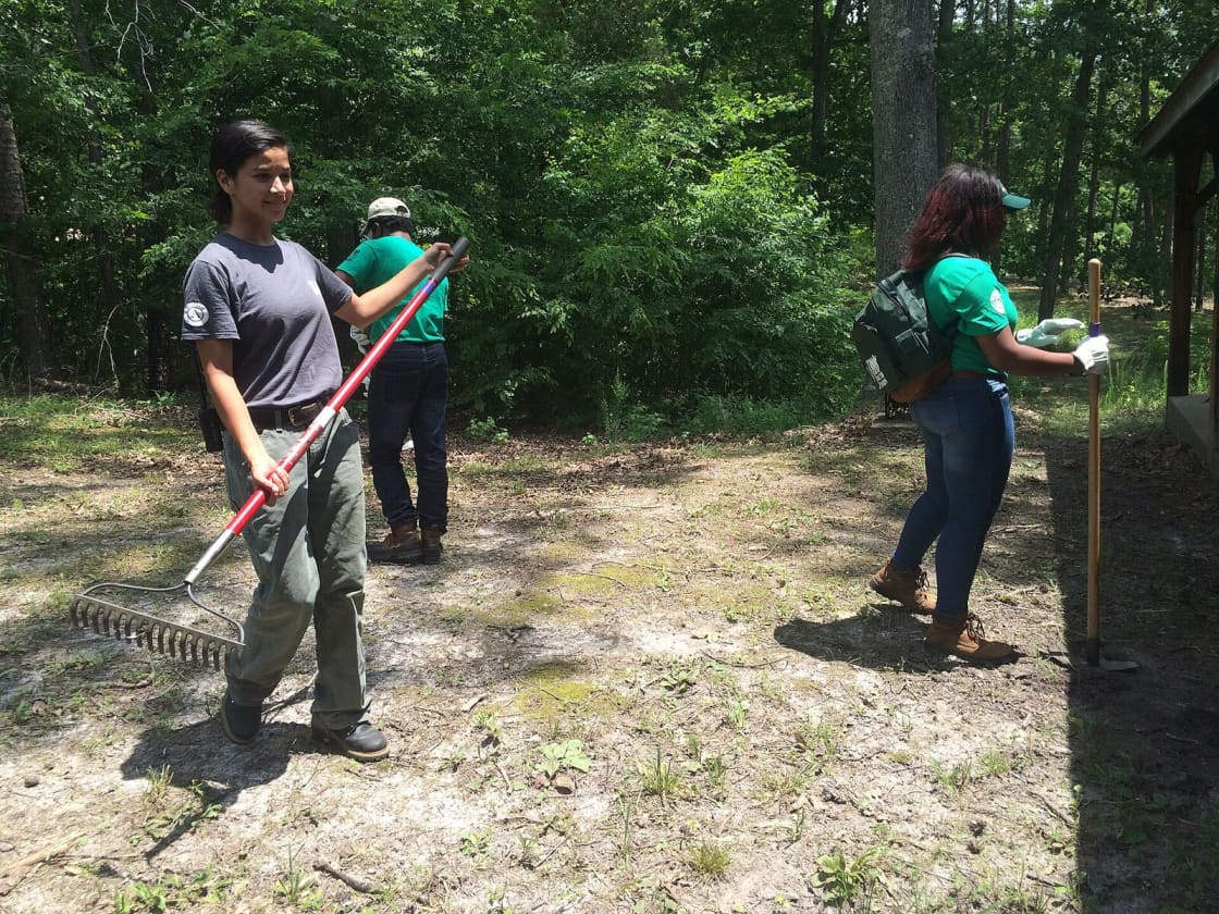 Two volunteers carrying long-handled tools and a clipboard on a wooded field-work project