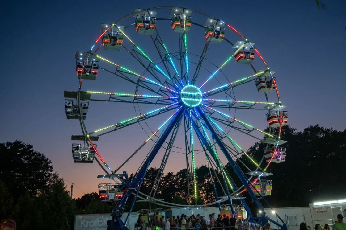 A Ferris wheel lit against the night sky at a county fair