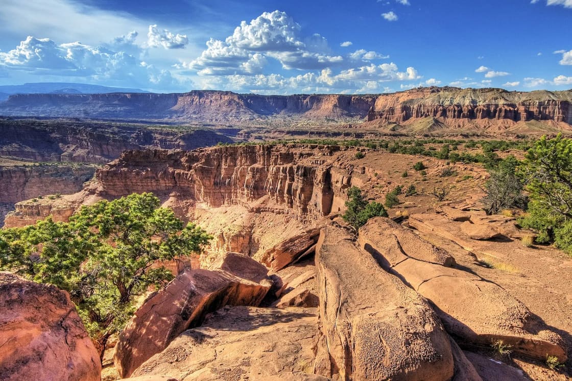 Red rock cliffs and canyons of Capitol Reef National Park stretch to the horizon under a cloudy blue sky.