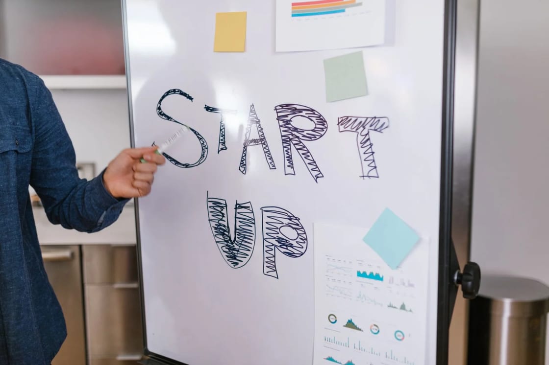 A person at a whiteboard where the words START UP are drawn in outlined letters, surrounded by sticky notes and printed charts