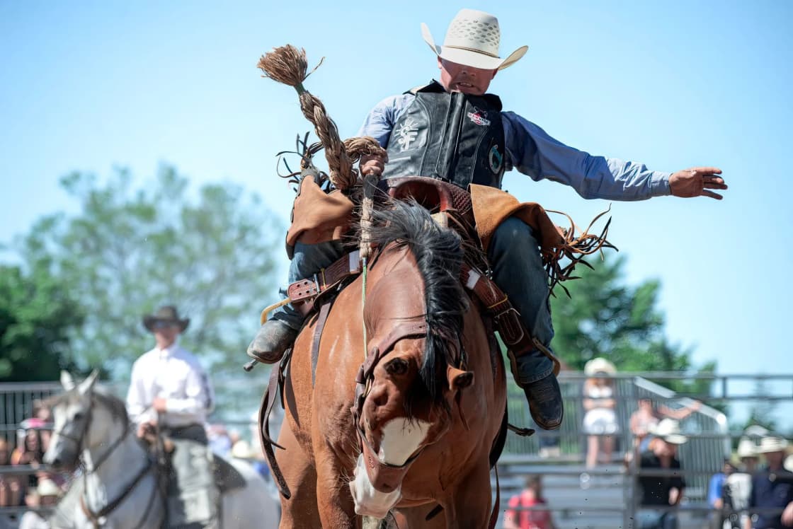 A cowboy in a white hat and protective vest riding a bucking brown horse with a white blaze, one arm flung out for balance, with a pickup rider on a gray horse and spectators behind the arena fence