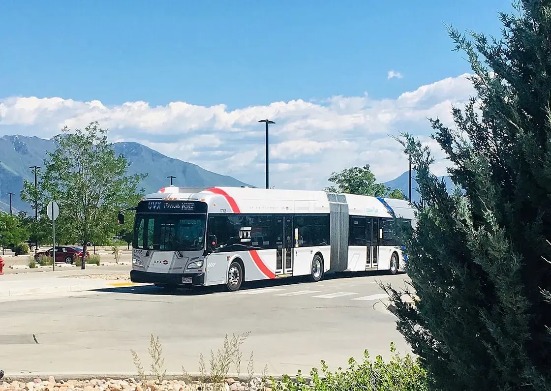A UTA UVX bus rapid transit vehicle entering Provo Central Station