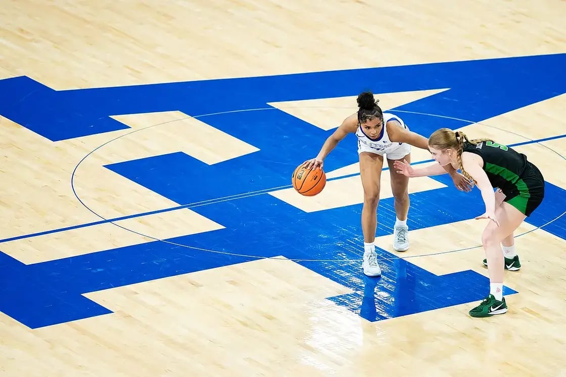 Utah Valley Wolverines women's basketball players in action during a 2025 postseason game