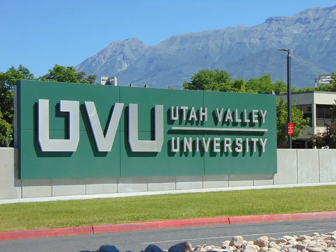Utah Valley University campus sign in Orem, Utah