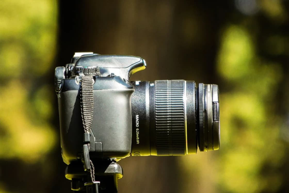 A digital camera with a zoom lens against a blurred green background.