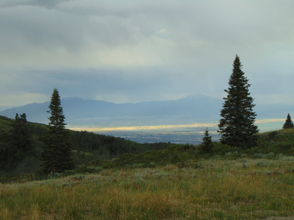 A grassy meadow slope on Mount Timpanogos looking west across Utah Valley toward distant ranges