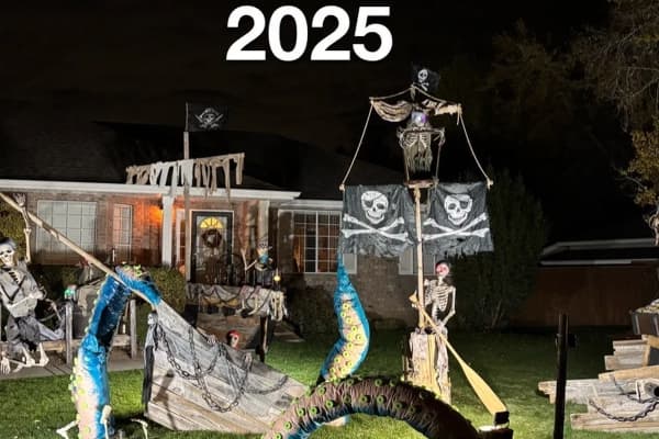 The pirate yard in 2025 at night, with a wrecked ship, blue and pink Kraken tentacles and a mast with two skull flags