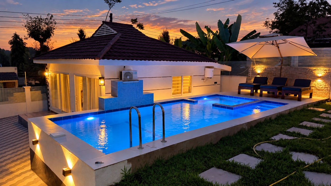 The pool at sunset, with the children's pool at the far end