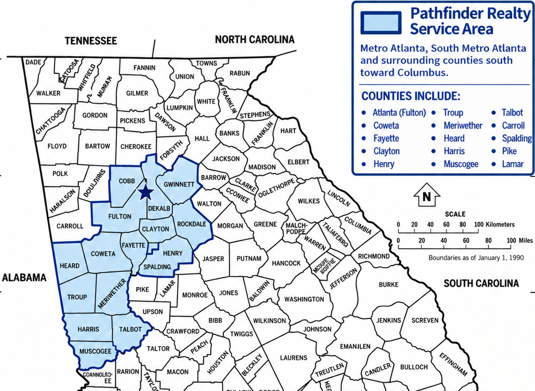 Pathfinder Realty Georgia service area map showing highlighted Metro Atlanta and west Georgia counties